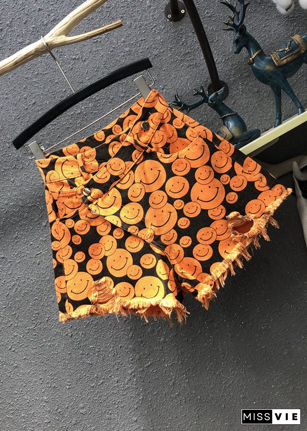 Fine Orange Print Patchwork Denim Wide Leg Shorts Summer