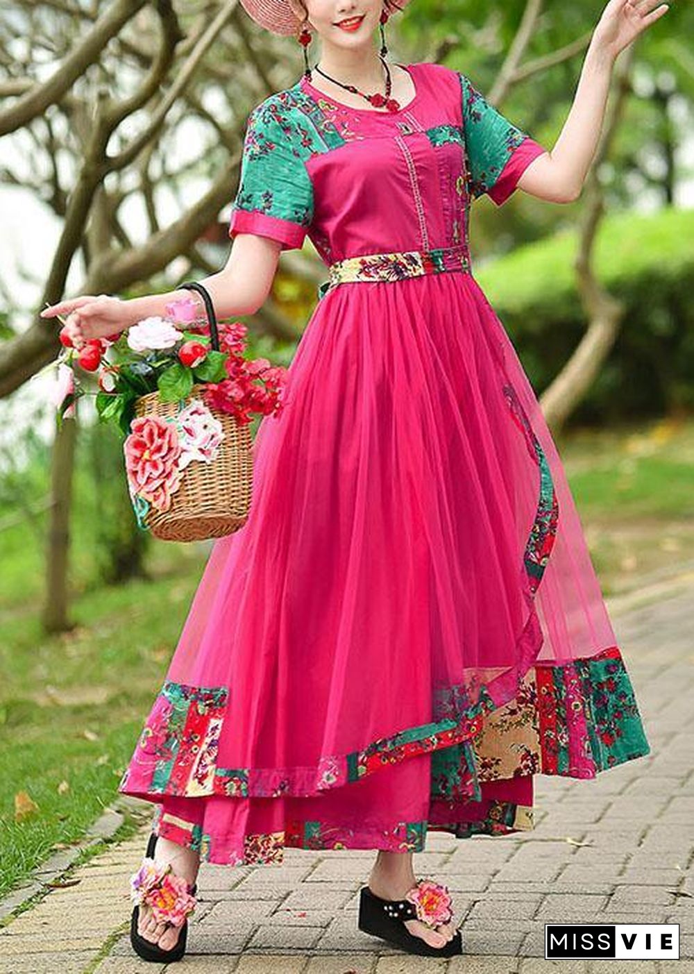 French rose print cotton quilting clothes o neck patchwork tulle long summer Dress