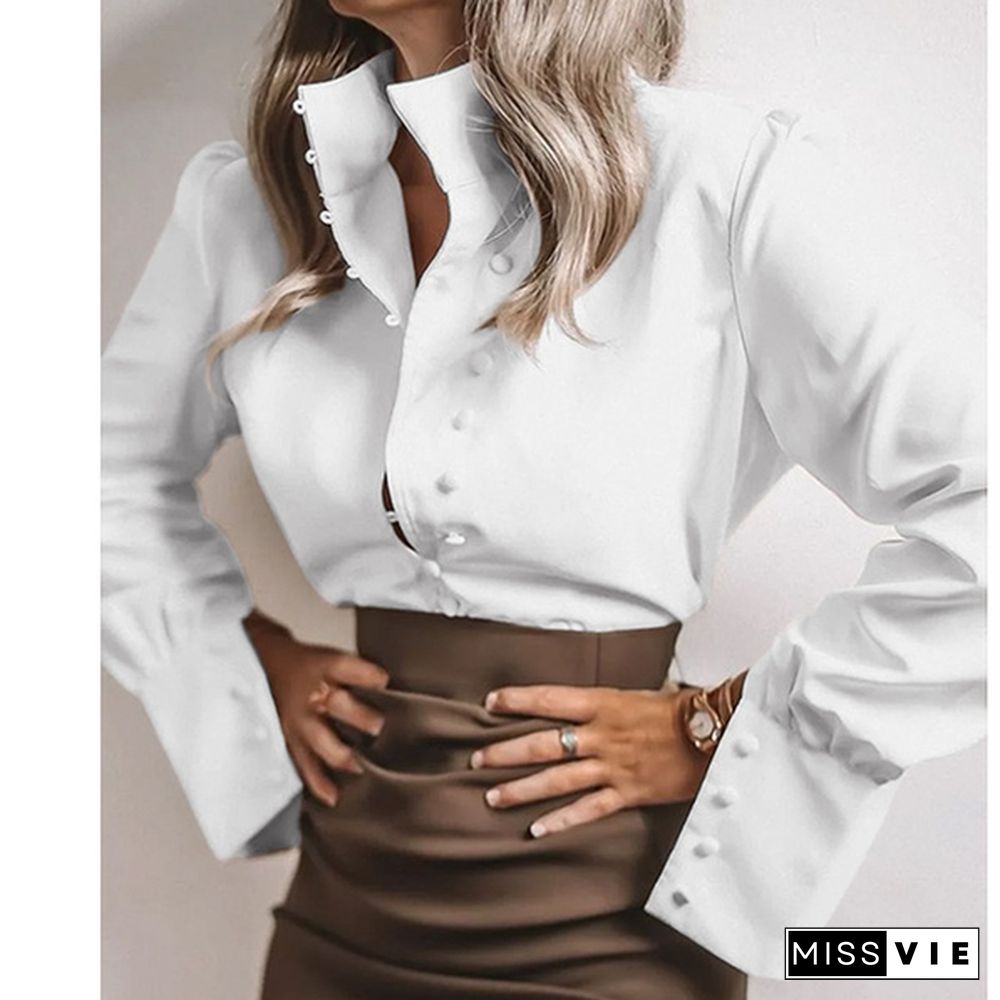 Spring Autumn Women Long Sleeve Blouse Lapel Collar OL Elegant Casual Office Shirt Plus Size Tops