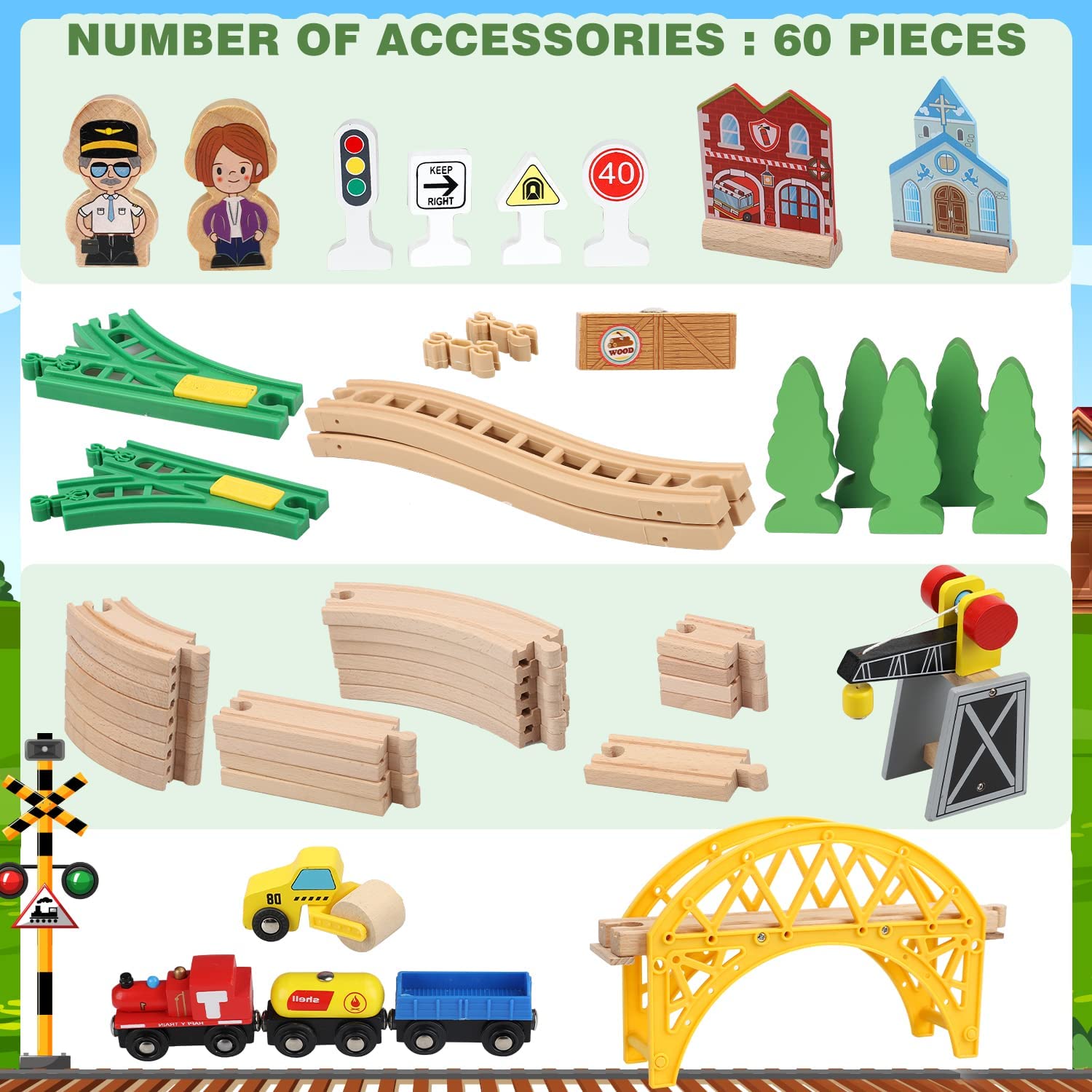 TOY Life Wooden Train Set 60pcs Toddler Boy Toys for 3 Year Old Boys - Wood Train Set with Crane Wood Train Tracks Toys Fits Thomas Brio Melisa Chugginton Train Track Set Wooden Railway Gifts for Boys