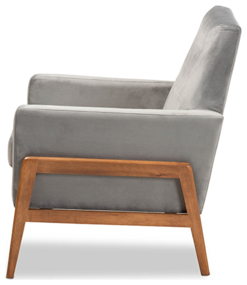 Perris Gray Velvet Fabric Upholstered and Walnut Brown Wood Lounge Chair   Midcentury   Armchairs And Accent Chairs   by GwG Outlet  Houzz