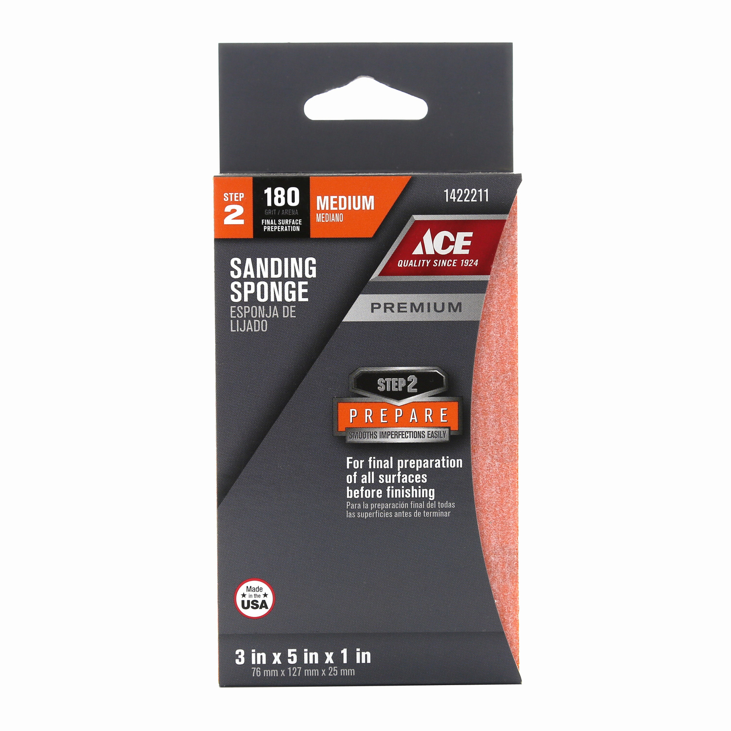 Ace Premium 5 in. L X 3 in. W X 1 in. 180 Grit Medium Block Sanding Sponge