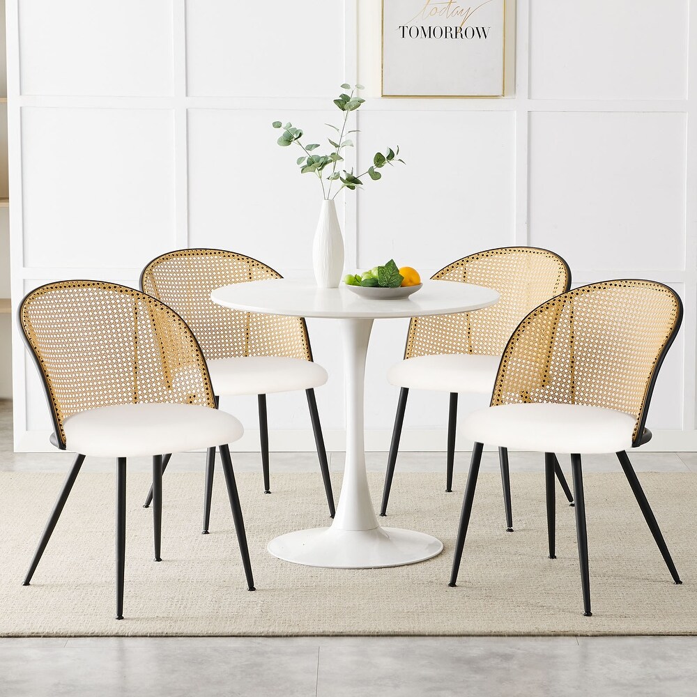 Fabric Upholstered Dining Chairs with Rattan Backrest  Set of 2/4   22.8”(D) x 20”(W) x 31.1”(H)