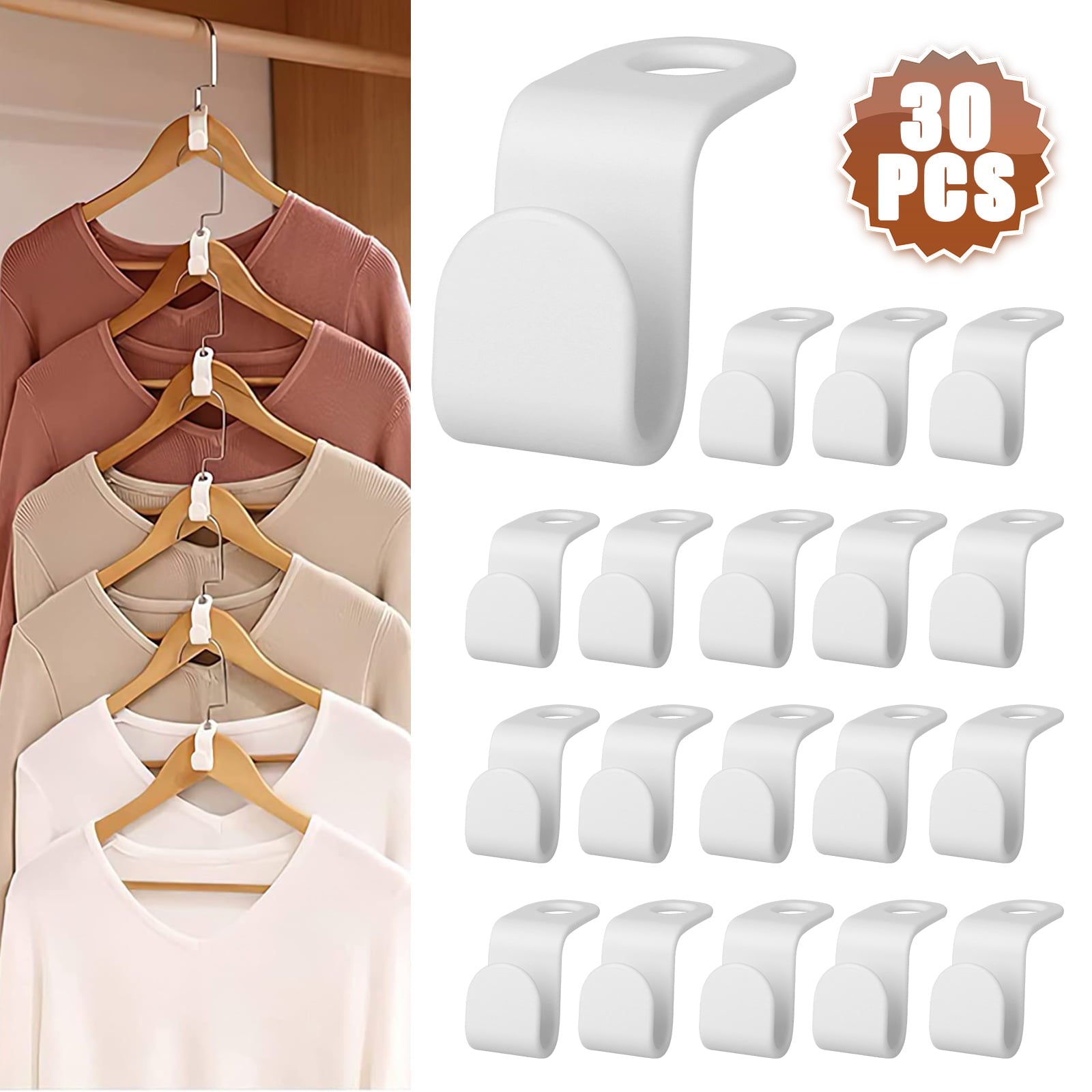 30pcs Clothes Hanger Connector Hooks, EEEkit Hanger Extender Clips, Cascading Hanger Hooks for Bedroom Closet, Heavy Duty Save Space, White