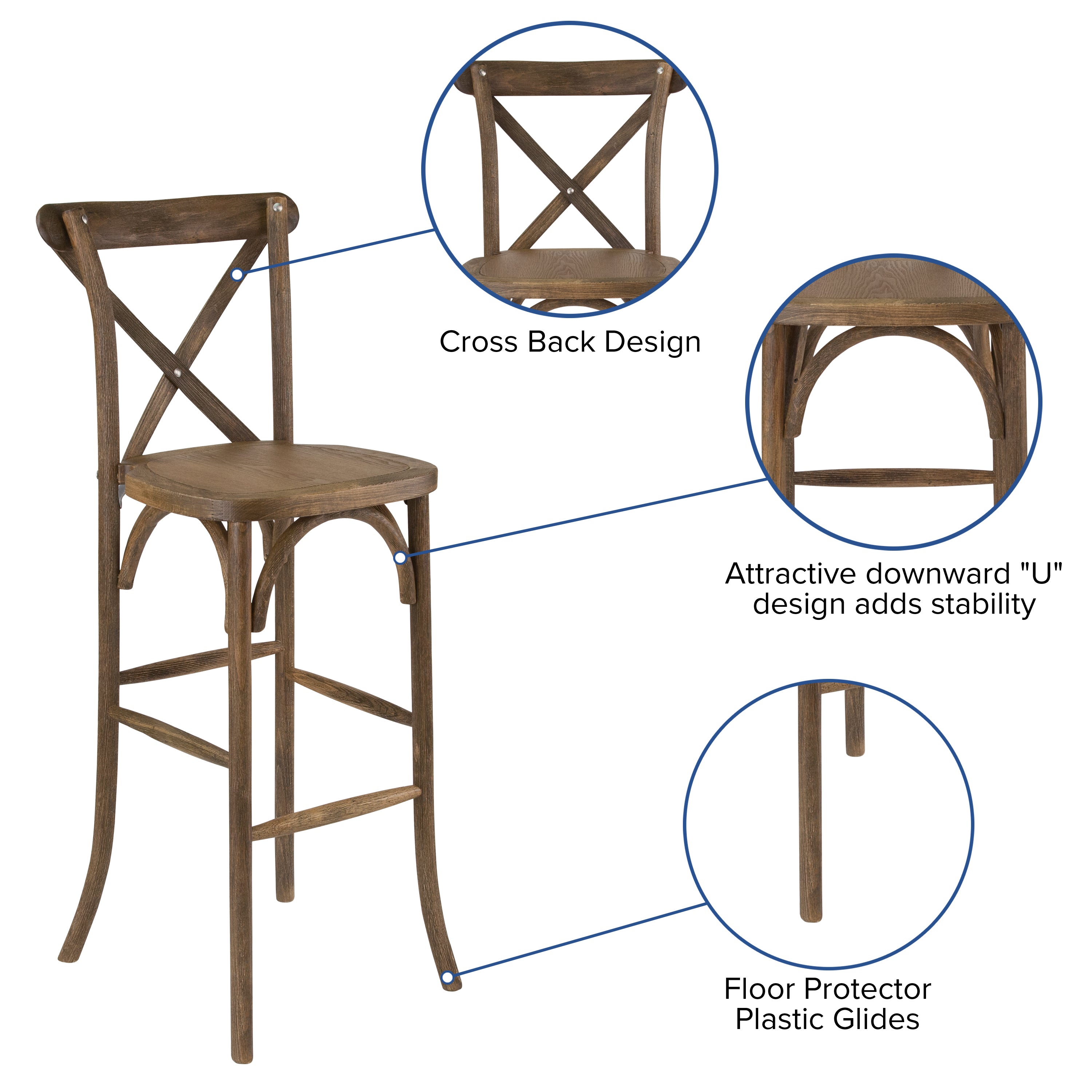 BizChair 2 Pack Dark Antique Wood Cross Back Barstool