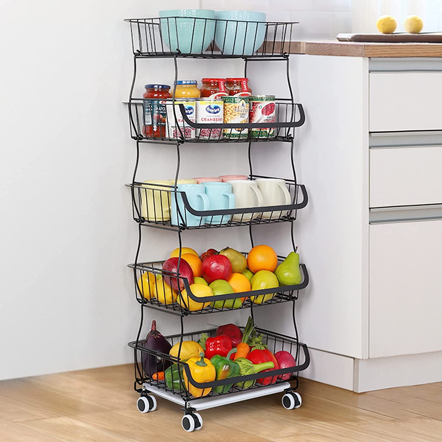 5 Tier Fruit Storage Basket Stand Kitchen Rolling Cart Vegetable Fruit Rack