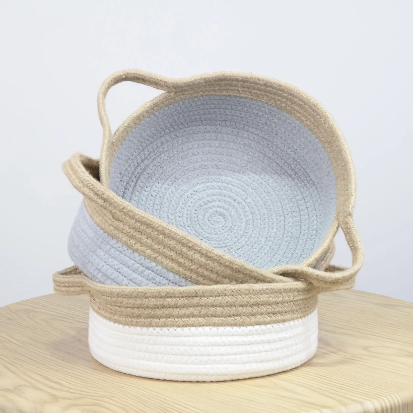 Double woven decorative stylish foldable woven desktop cotton rope storage basket with handles