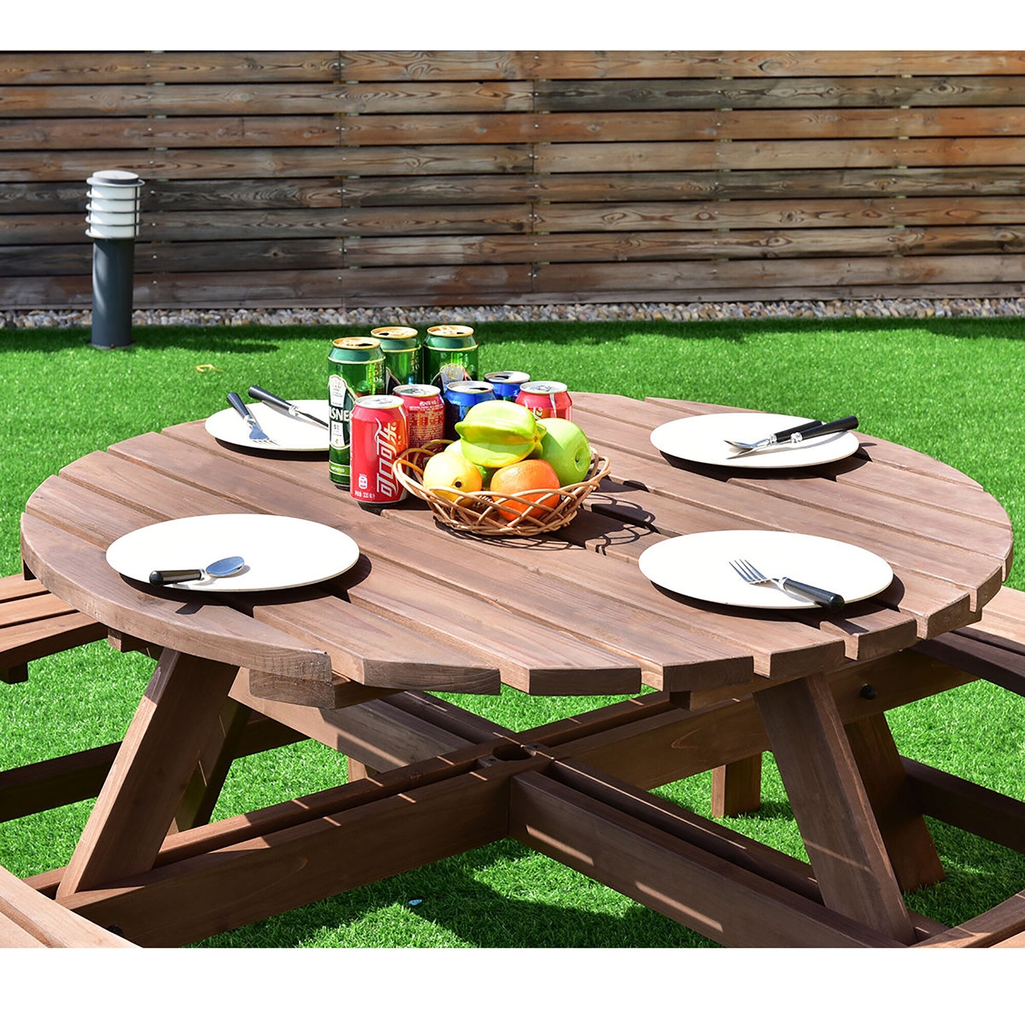 Patio Wooden Picnic Table Set Outdoor Round Table with Umbrella Hole