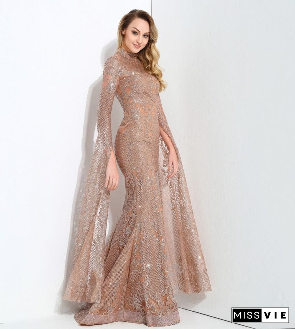 Rose Gold Cut Out Speaker Long Sleeve Geometry Glitter Glued Long Dress Lm80950