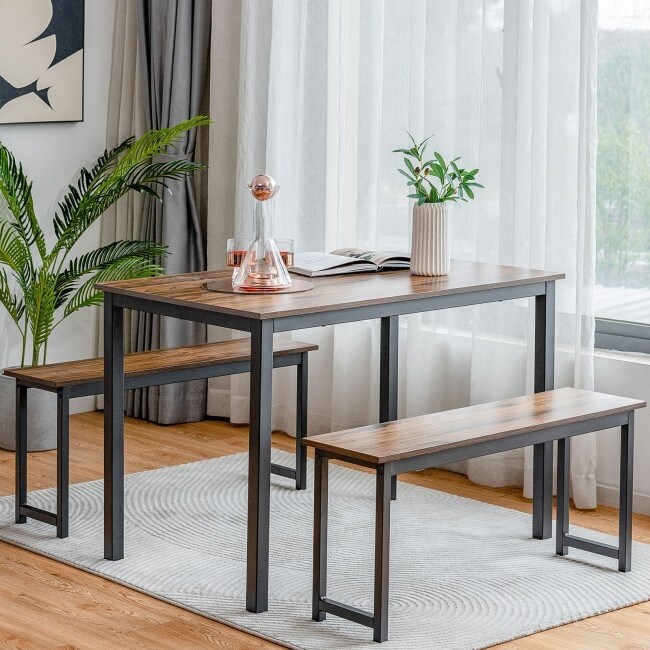 3 Pieces Modern Dining Table Bench Set with Wooden Tabletop and Metal Frame