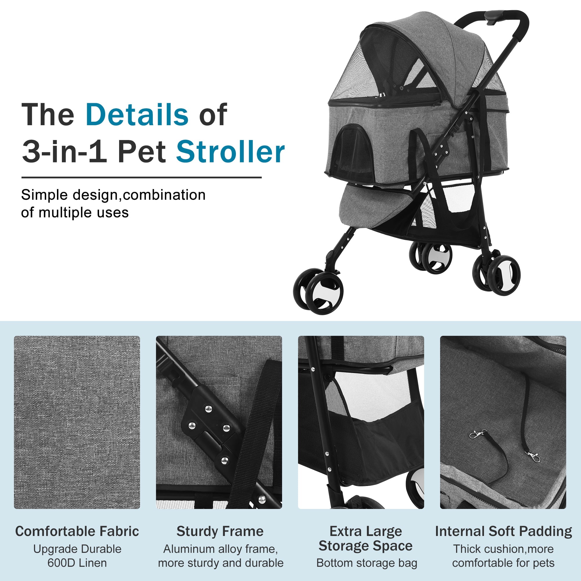 YRLLENSDAN Foldable Pet Stroller with Detachable Carrier， Dog Stroller Small Dogs 3 Wheel 3-in-1 Multifunction Pet Carriers for Small Medium Dogs with Wheels Cat Stroller w/Storage Basket