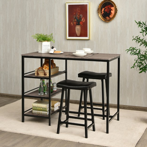 Costway 3 Piece Counter Height Dining Bar Table Set W 2 Stools amp 3 Storage Shelves