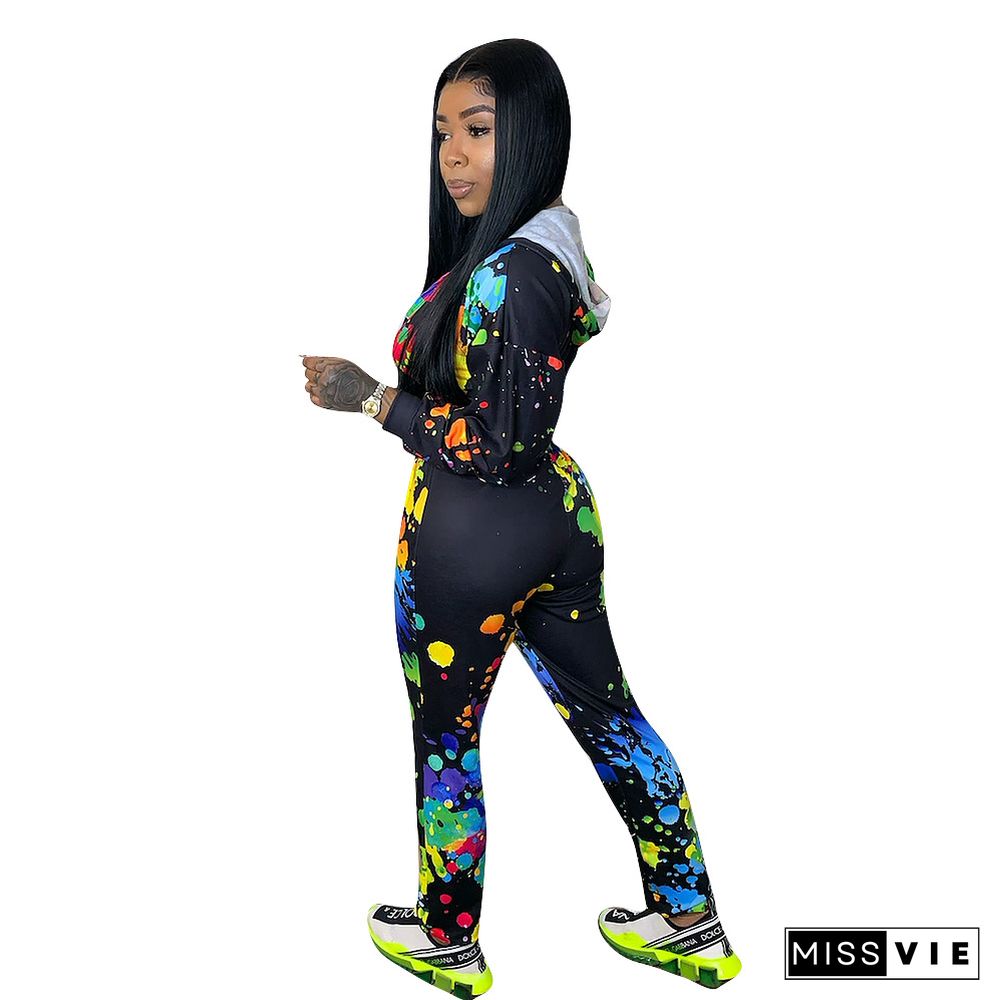 Graffiti Printing Hooded Jacket Two Piece Pants Set