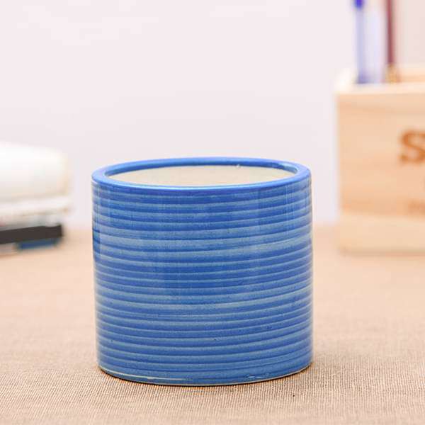 4.1 inch (10 cm) Ring Design Cylindrical Ceramic Pot (Blue) (set of 2)