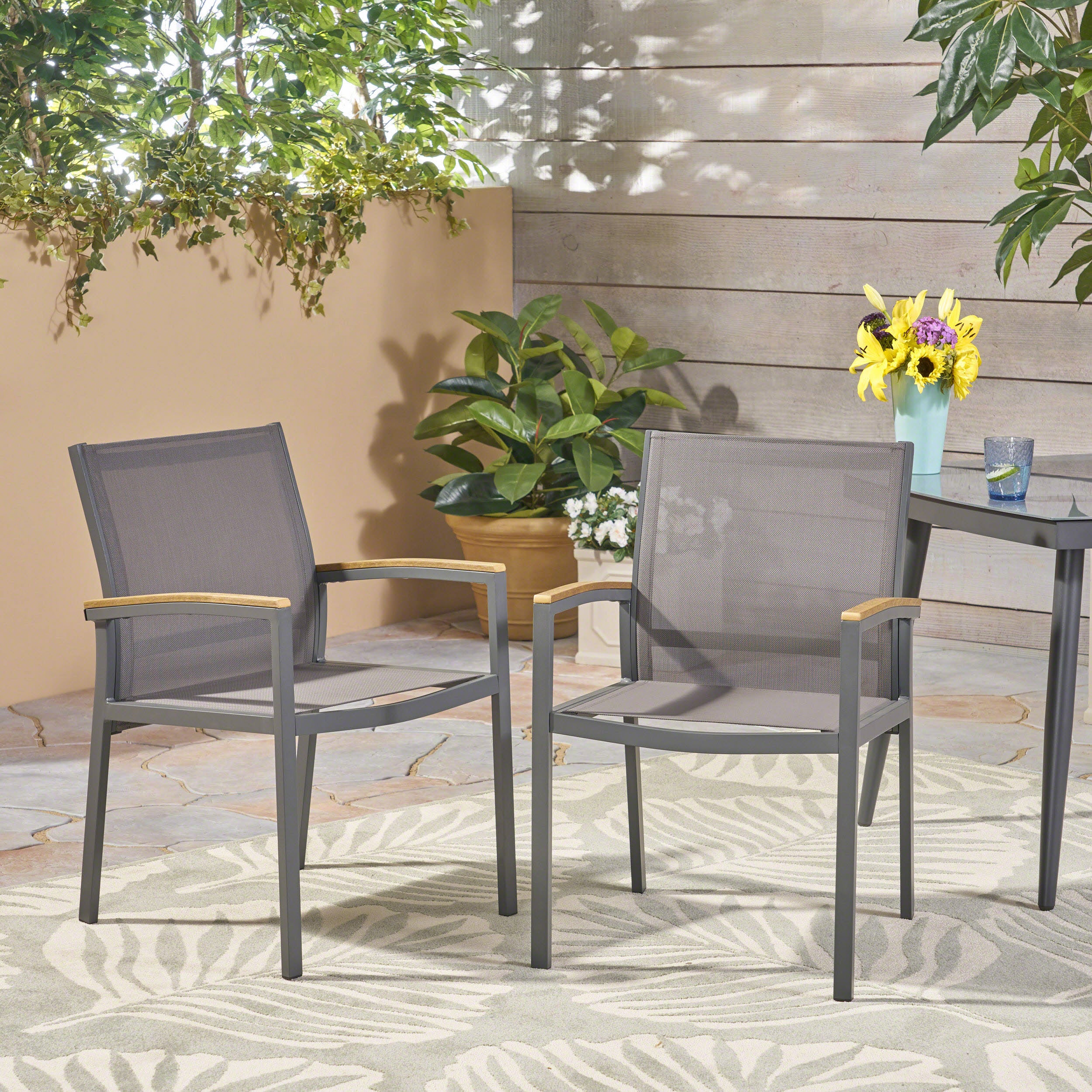 Emma Outdoor Mesh and Aluminum Frame Dining Chair (Set of 2), Gray