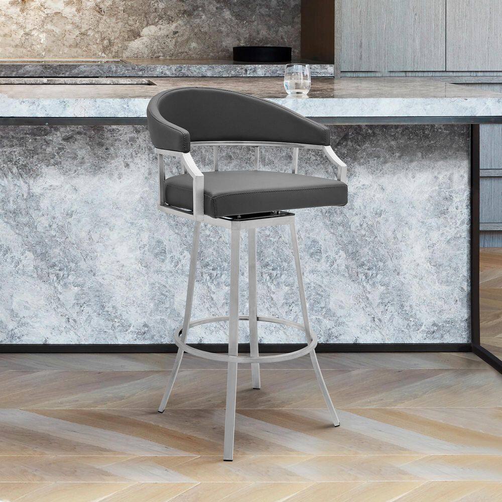 Armen Living Palmdale Brushed Stainless Steel Swivel Modern Faux Leather Bar and Counter Stool LCVLBABSSG30