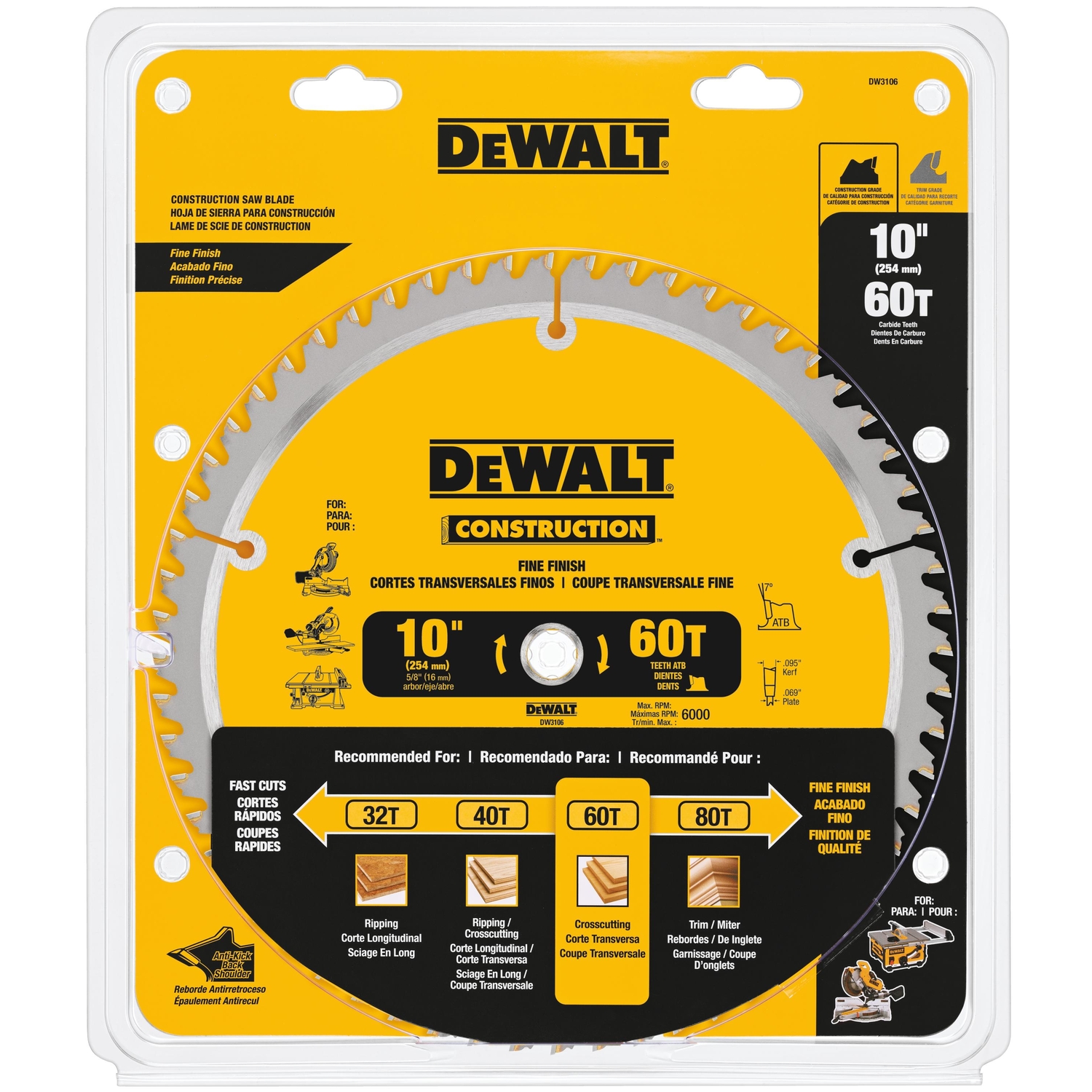 DW 10 in. D X 5/8 in. Carbide Circular Saw Blade 60 teeth 1 pk