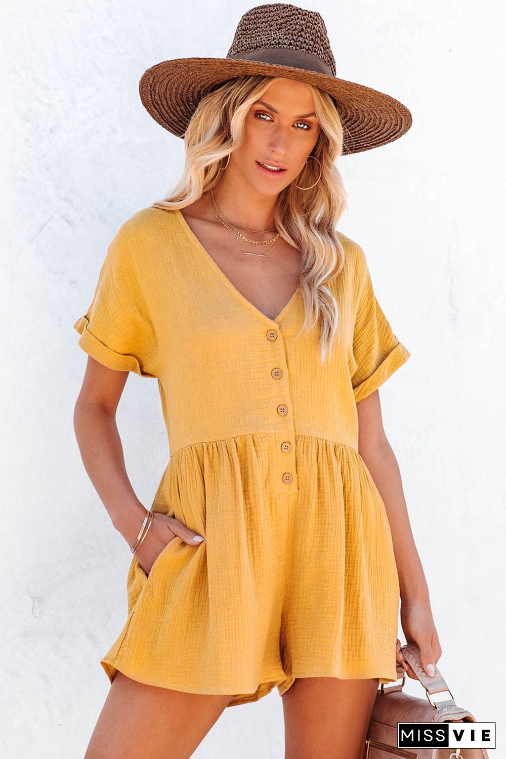 Yellow Button V Neck Crinkle Pocketed Romper