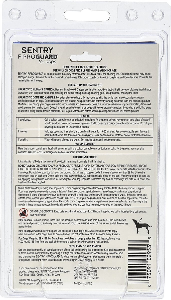 Sentry FiproGuard Flea and Tick Spot Treatment for Dogs， 89-132 lbs