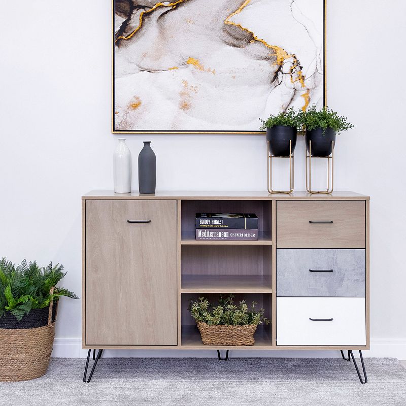 49 Inch Sideboard Buffet Console Cabinet with 3 Drawers， Oak Brown