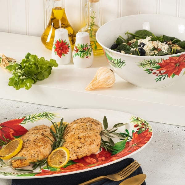 4 Piece Ceramic Serving Set in White With Poinsettia Decorations