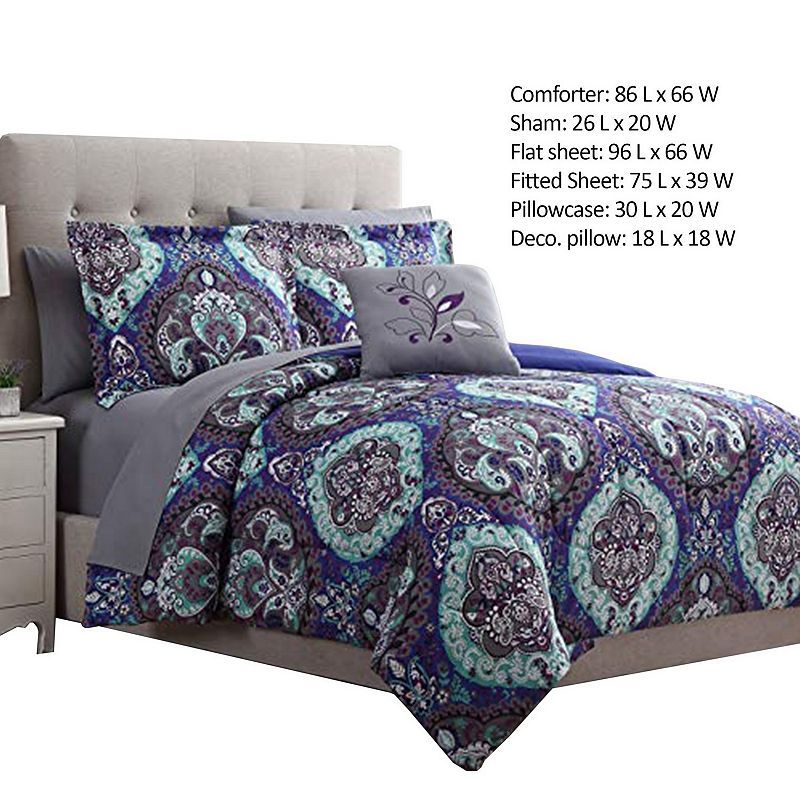 Split 6 Piece Reversible Printed Twin Size Complete Bed Set The Urban Port， Blue