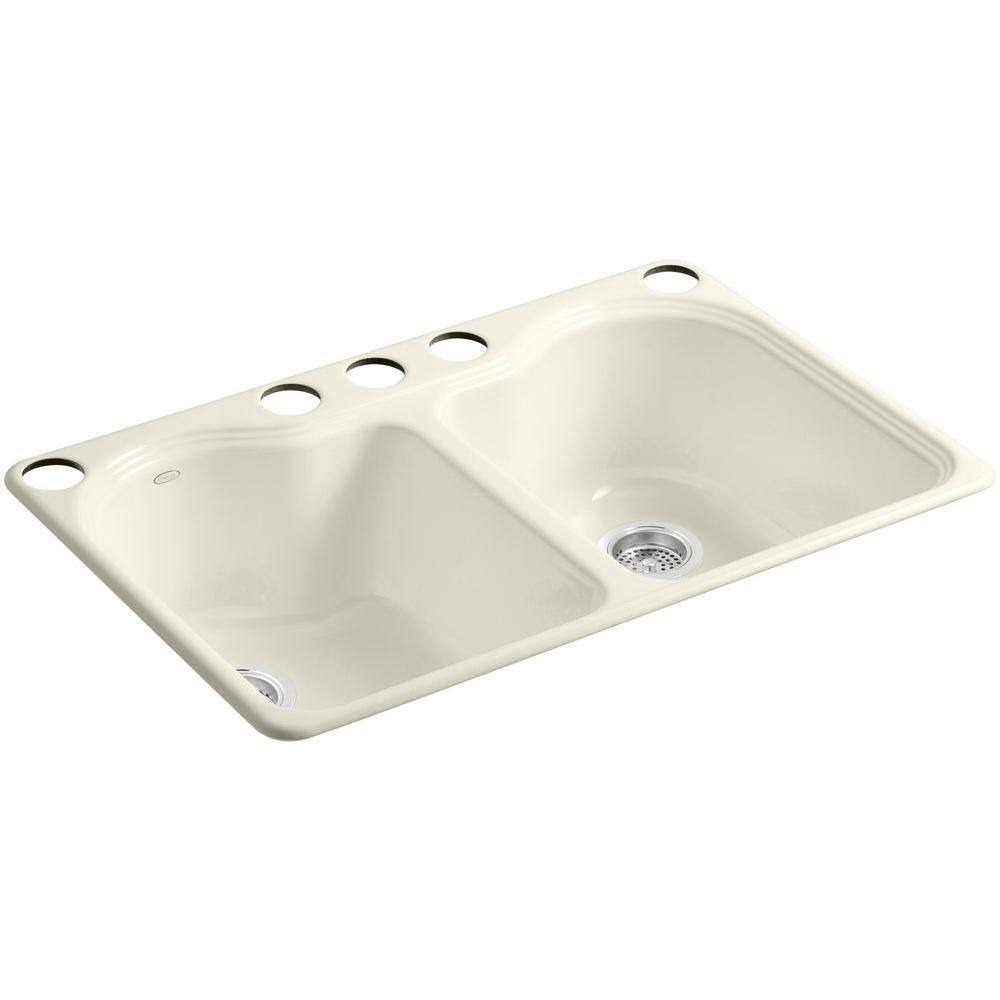 KOHLER Hartland Undermount Cast-Iron 33 in. 5-Hole Double Bowl Kitchen Sink in Biscuit K-5818-5U-96