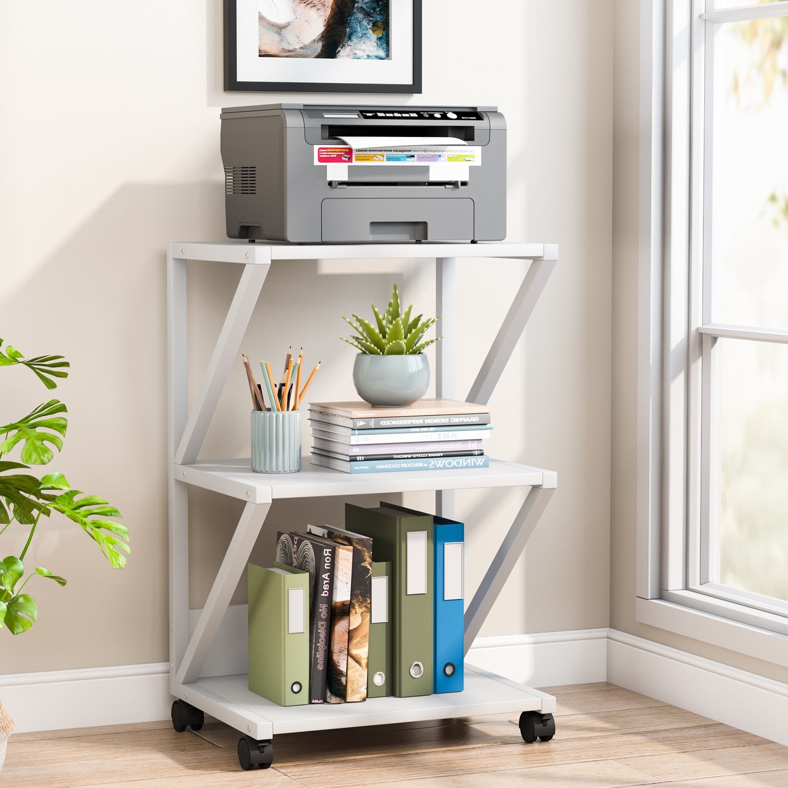 3-Tier Printer Stand, Rolling Printer Cart Under Desk Storage Shelf