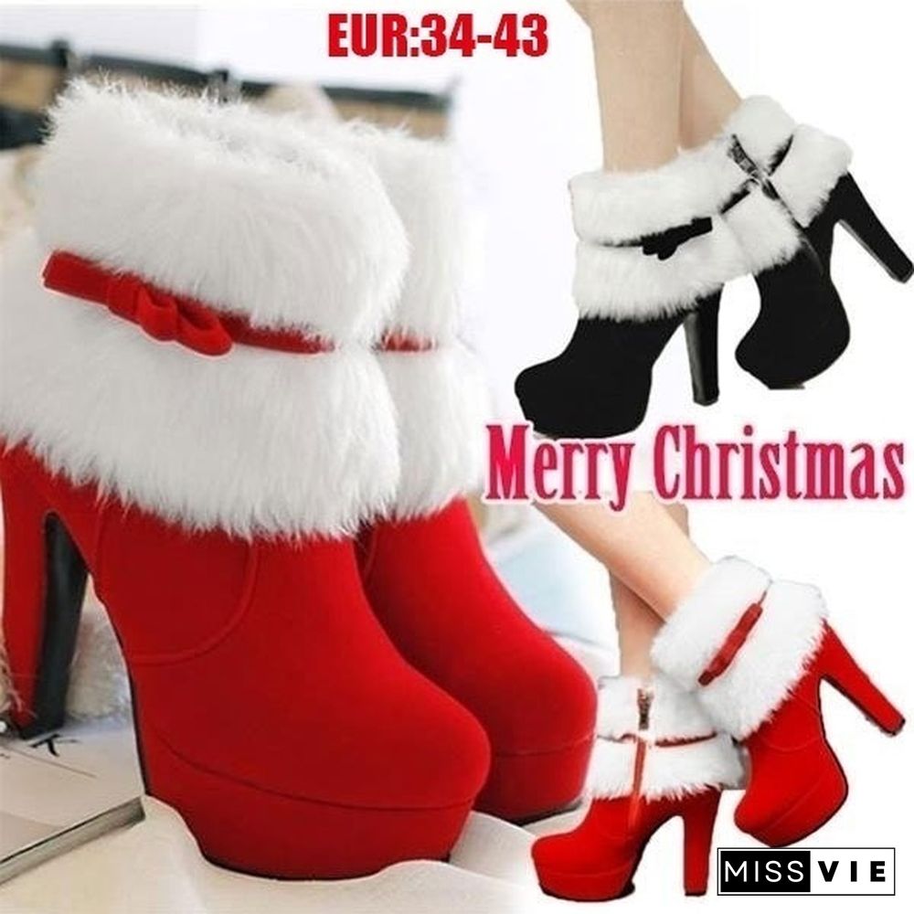 Brand New Women Winter Boots High-heeled Ankle Boots Suede Fur Booties For Casual/Party/Christmas Dress Black Red Colors