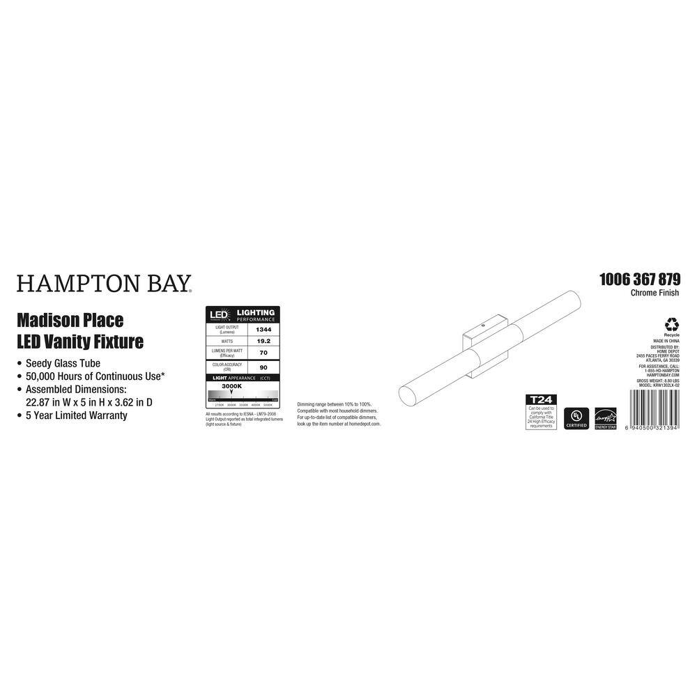 Hampton Bay Madison Place 22.87 in. 1-Light Chrome Integrated LED Bathroom Vanity Light Bar with Seedy Glass Tube KRW1302LX-02