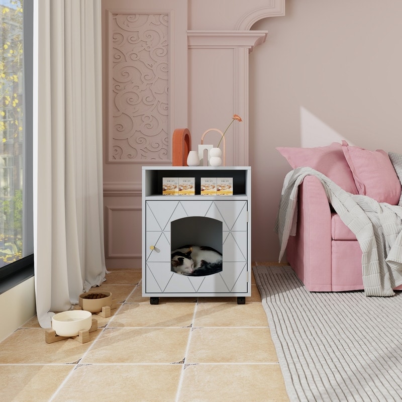 Wood Side Table with Pet House， Grey(17.21