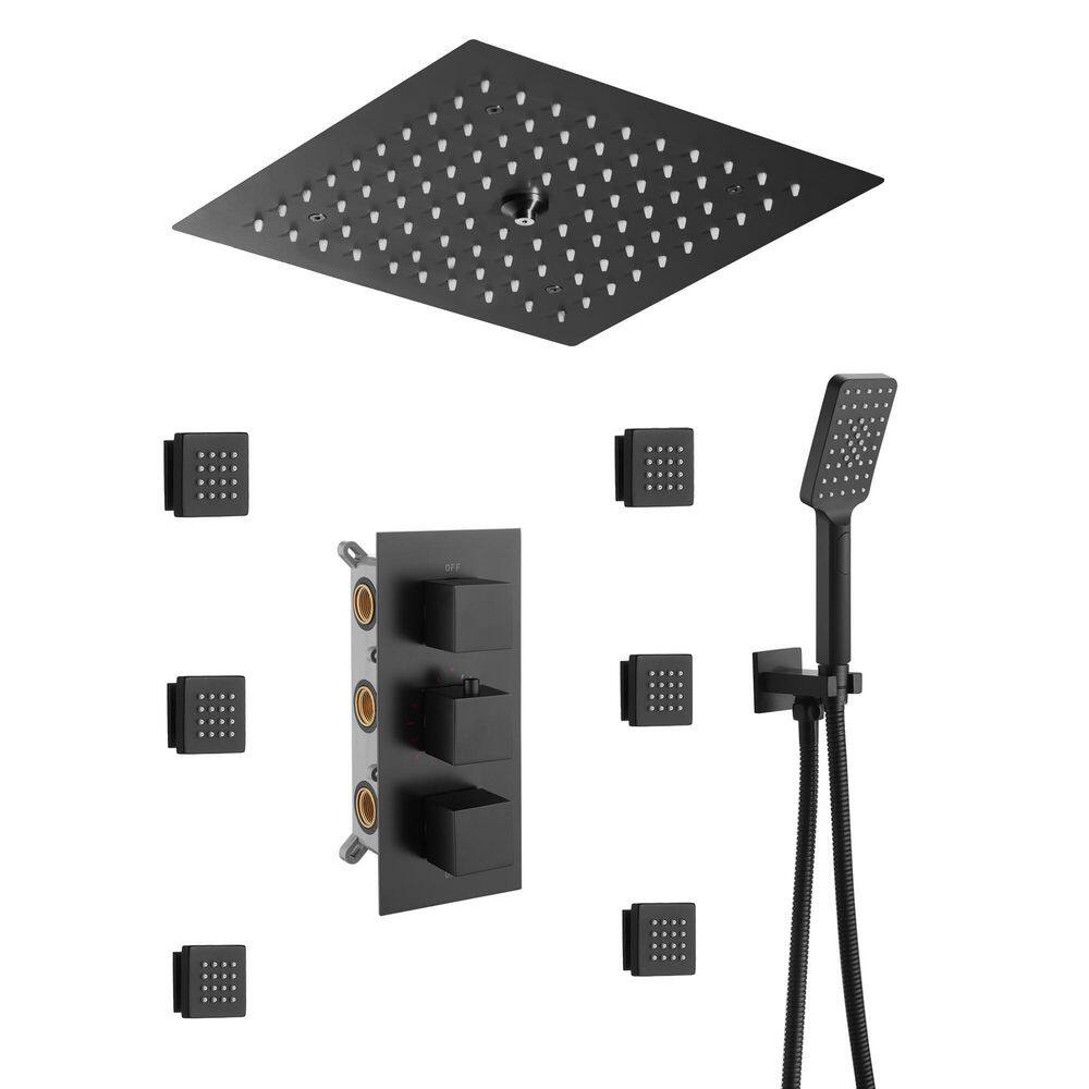 Mondawe Luxury Thermostatic LED 4-Spray Patterns 12 in. Flush Ceiling Mount Rainfall Dual Shower Heads with 6-Jets in Black WF6708-12MB