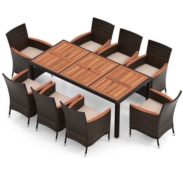 Costway 9PCS Patio Wicker Dining Set Acacia Wood Table Top Umbrella