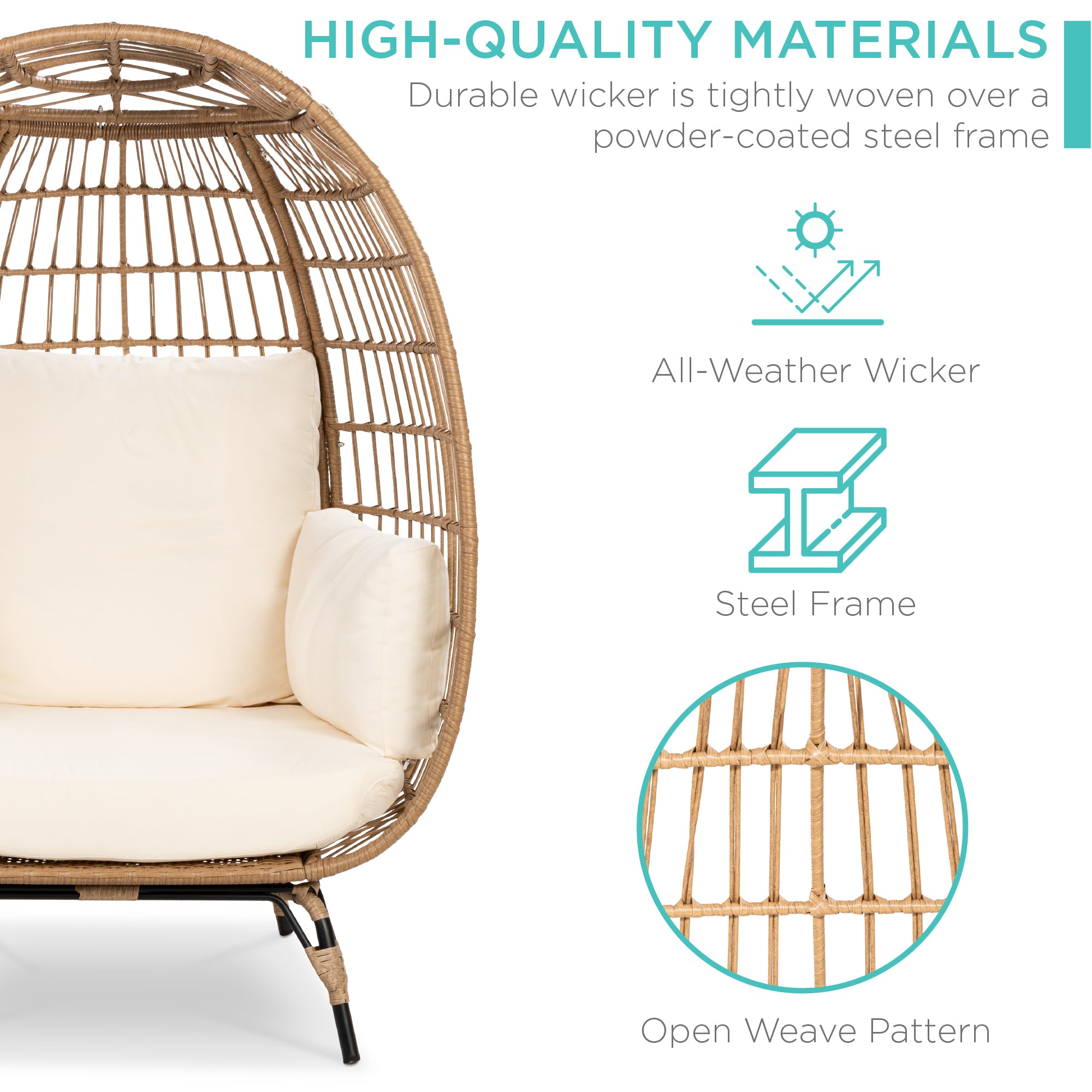 Best Choice Products Wicker Egg Chair Oversized Indoor Outdoor Patio Lounger w/ Steel Frame, 440lb Capacity - Ivory