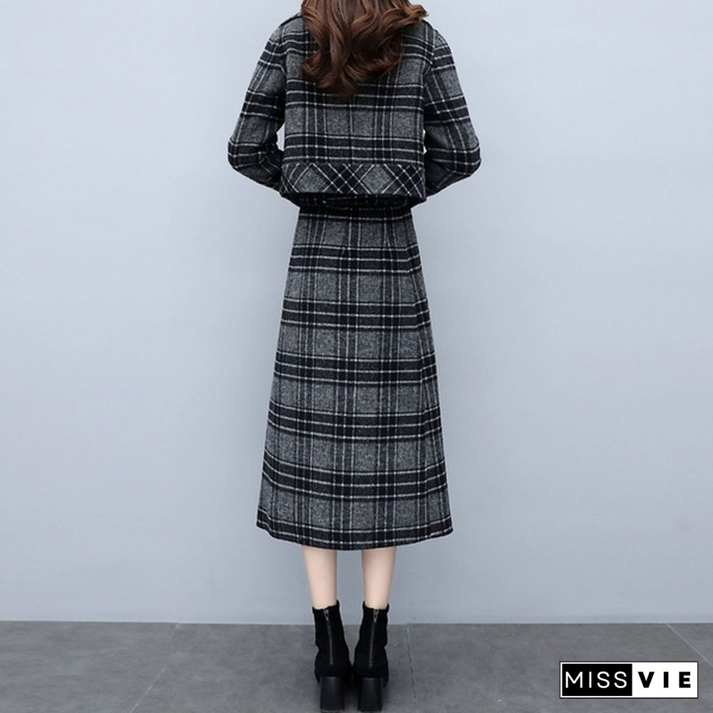 Xs-3Xl Two Piece Sets Short Blazer + Midi Skirt Ladies Work Long Skirt Suits Womens Grey Plaid Skirt Outfits Female Business Suits