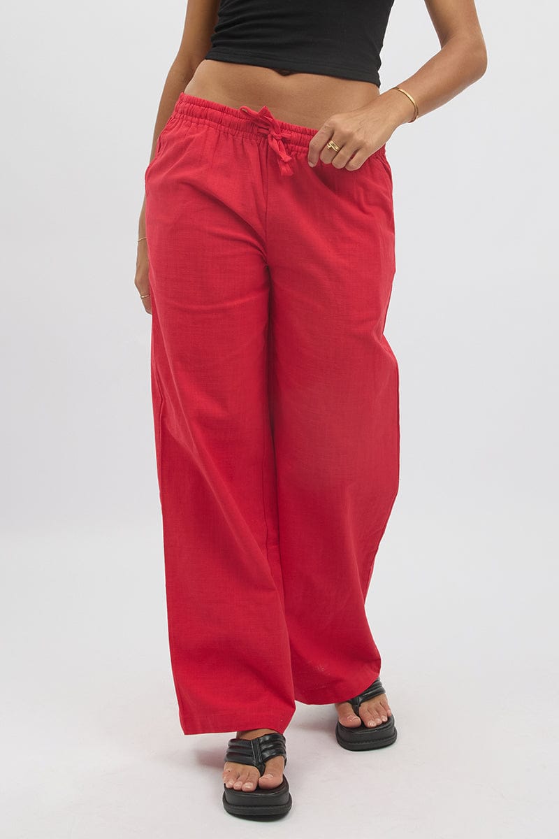 Red Wide Leg Pants Elasticated