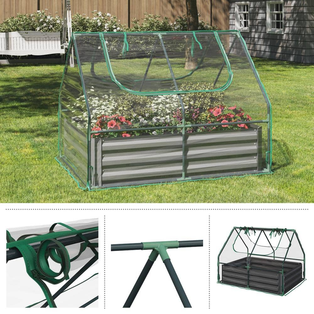 HOME-COMPLETE 4 ft. x 3 ft. Galvanized Steel Raised Garden Bed with Removable Greenhouse 50-LG1334