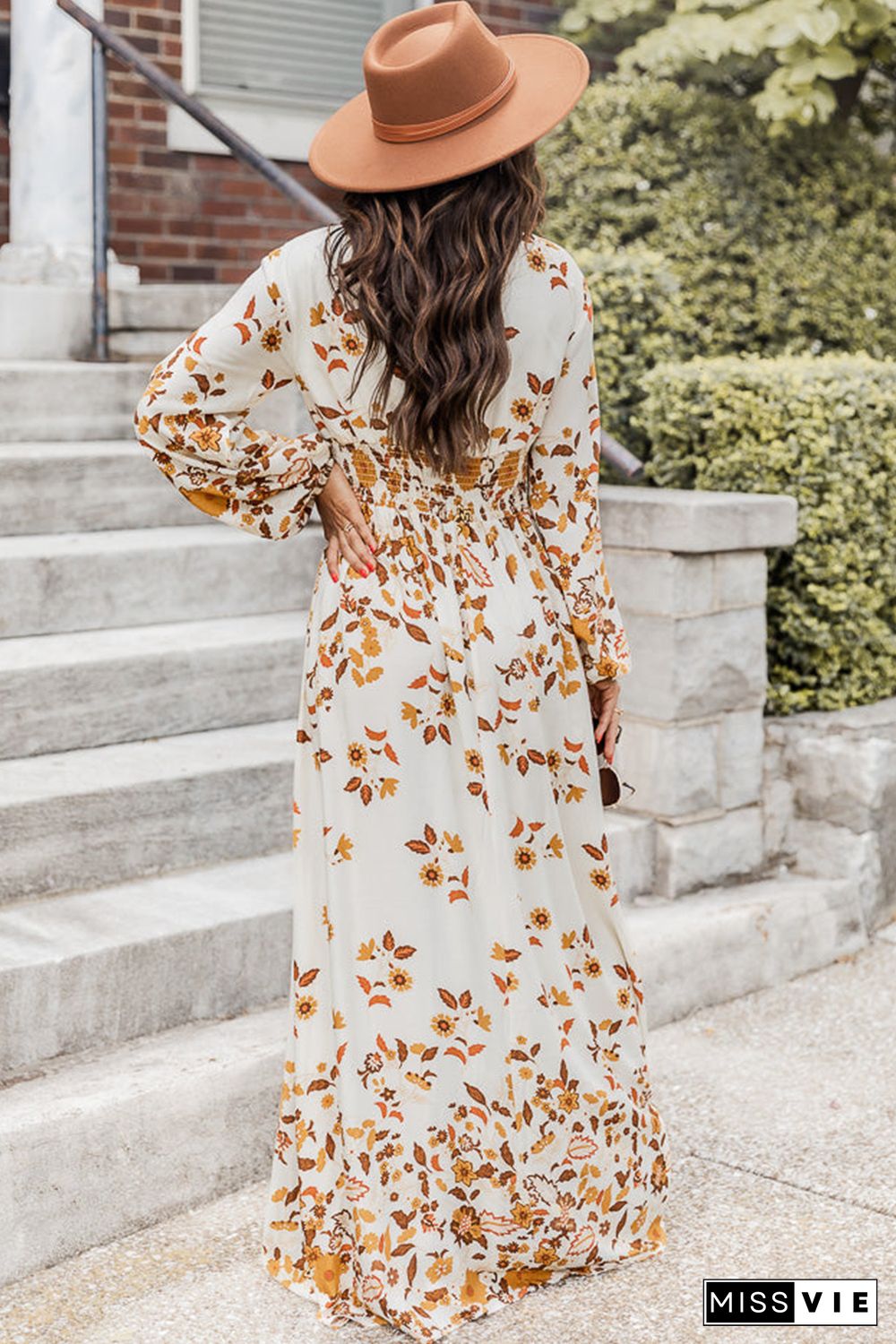 Yellow Leaf Print V Neck Puff Sleeve Maxi Dress