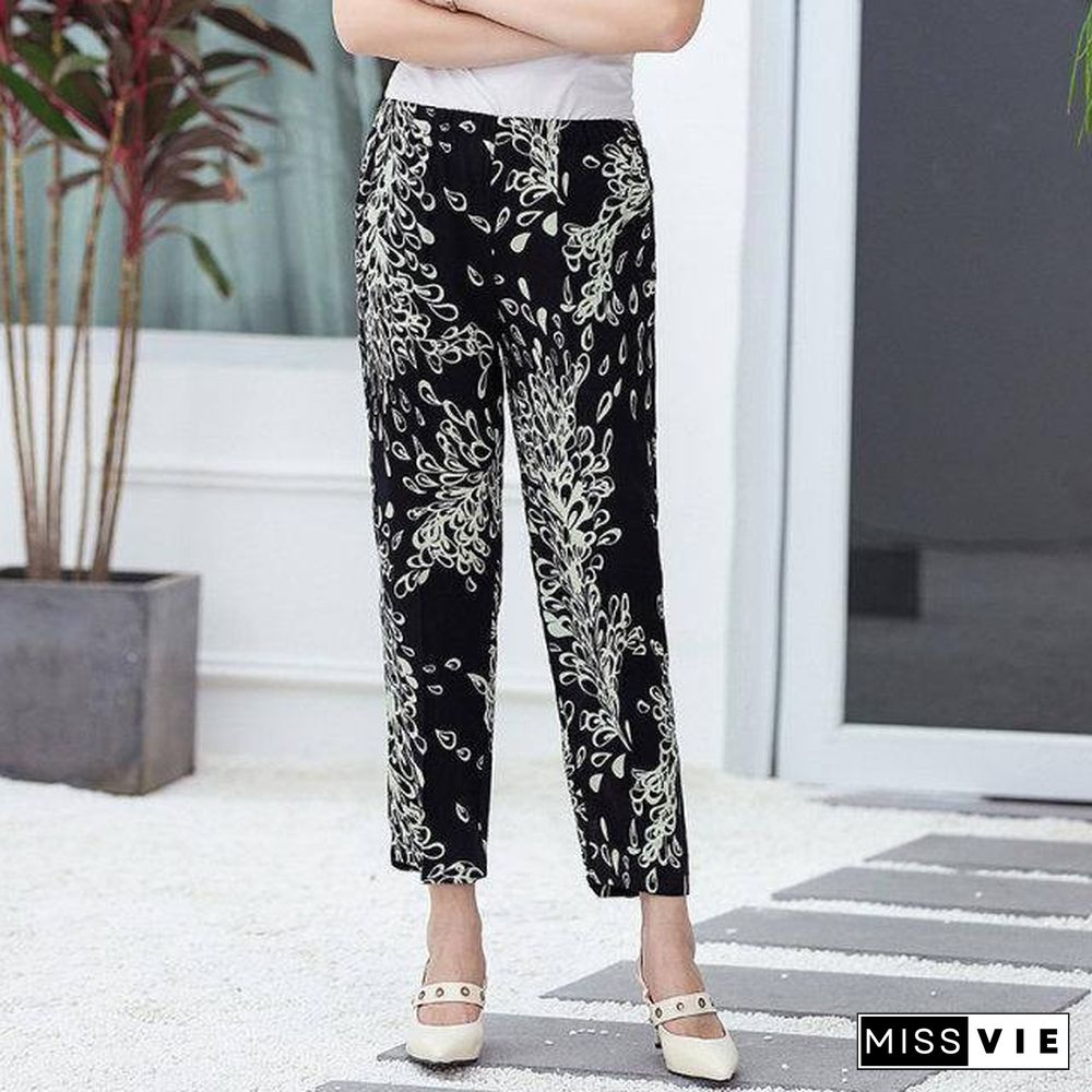 22 Colors Women Summer Casual Pencil Pants XL-5XL Plus Size High Waist Pants Printed Elastic Waist Middle Aged Women Pants