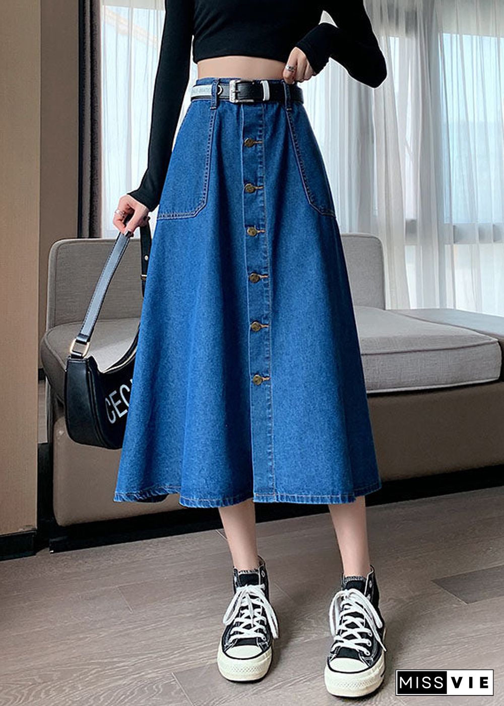 Plus Size Navy Elastic Waist Button Exra Large Hem Cotton Denim Skirt Summer