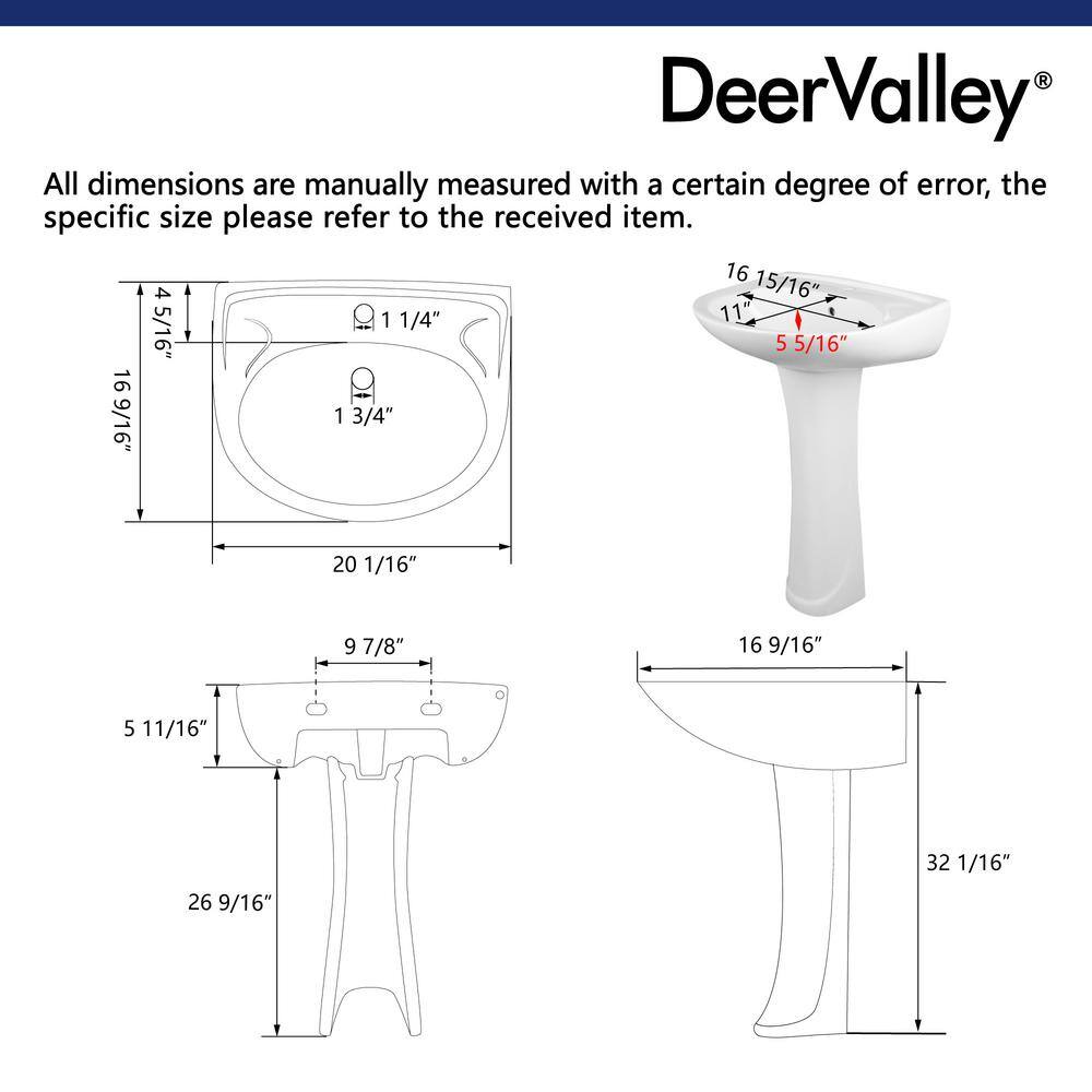 DEERVALLEY DeerValley Ally 26 58 in. Tall Modern U-Shape White Vitreous China Pedestal Bathroom Sink With Overflow DV-1P525