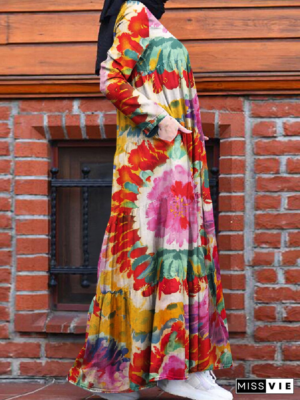 Colorful Calico Print Long Sleeve Dress With Pocket Women