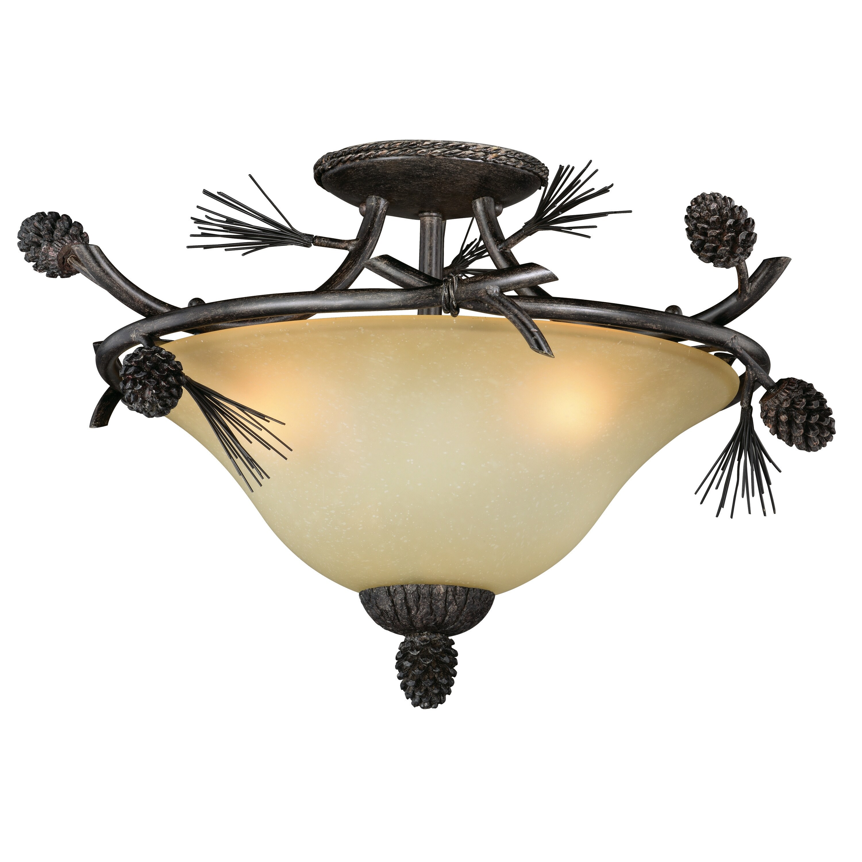 Sierra 18-in W Bronze Rustic Pinecone Bowl Semi Flush Mount Ceiling Light Cream Glass - 18-in W x 13-in H x 18-in D