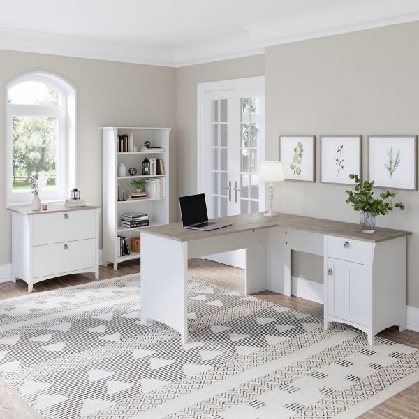 Bush Furniture Salinas 60W L Shaped Desk with Lateral File Cabinet and 5 Shelf Bookcase in Pure White and Shiplap Gray