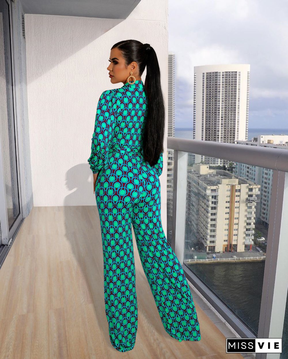 Deep V Long Sleeve Print Wide Leg Jumpsuits