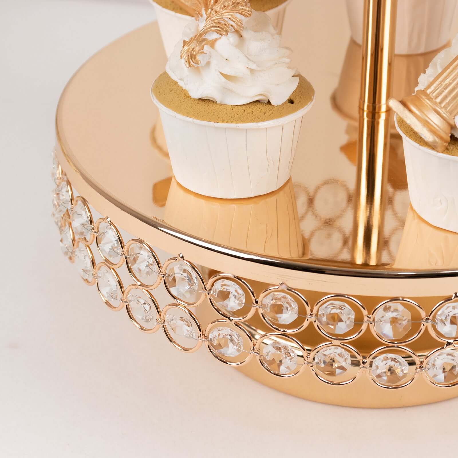 3-Tier Crystal Beaded Gold Metal Cake Stand, Cupcake Tower Dessert Display Stand with Round Mirror Top - 26