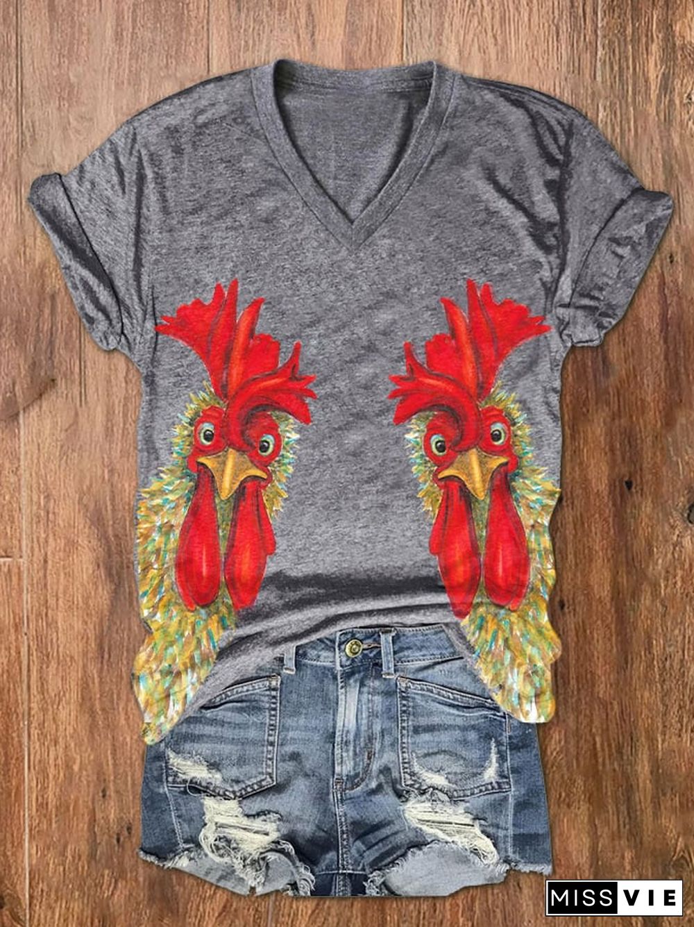 Women's Chicken Print V-Neck Short Sleeve T-Shirt