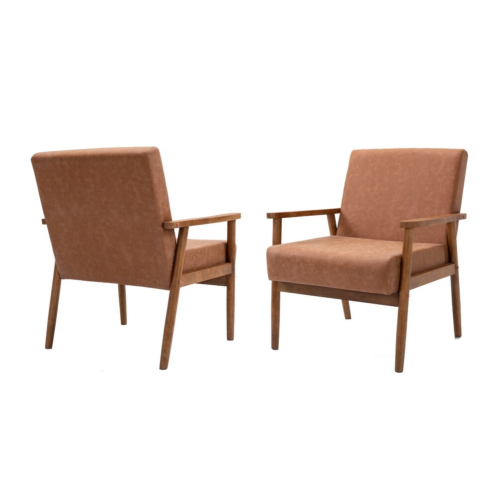 Mid century Modern Solid Wood Vegan Brown Leather Upholstered Armchairs SET OF 2