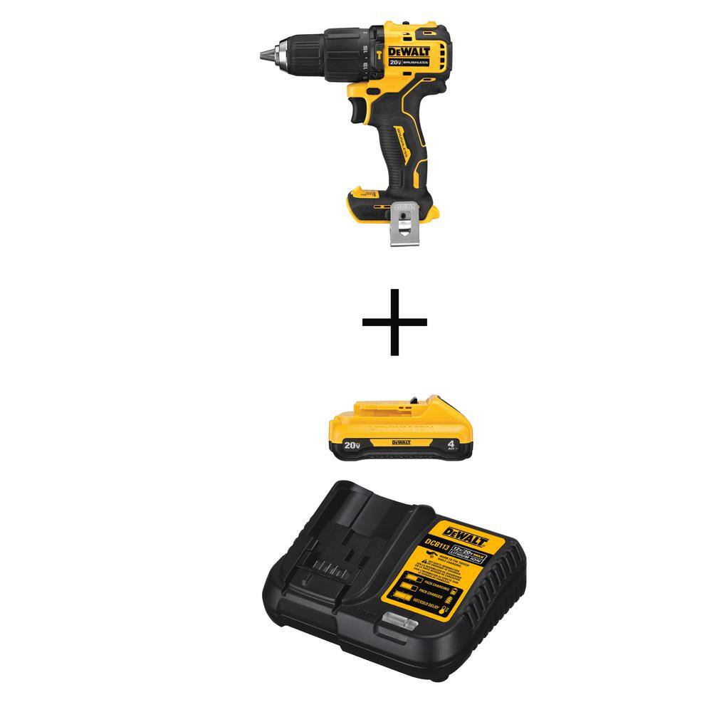 DW ATOMIC 20V MAX Cordless Brushless Compact 12 in. Hammer Drill (1) 20V 4.0Ah Battery and 12V-20V MAX Charger DCD709BWDCB240C