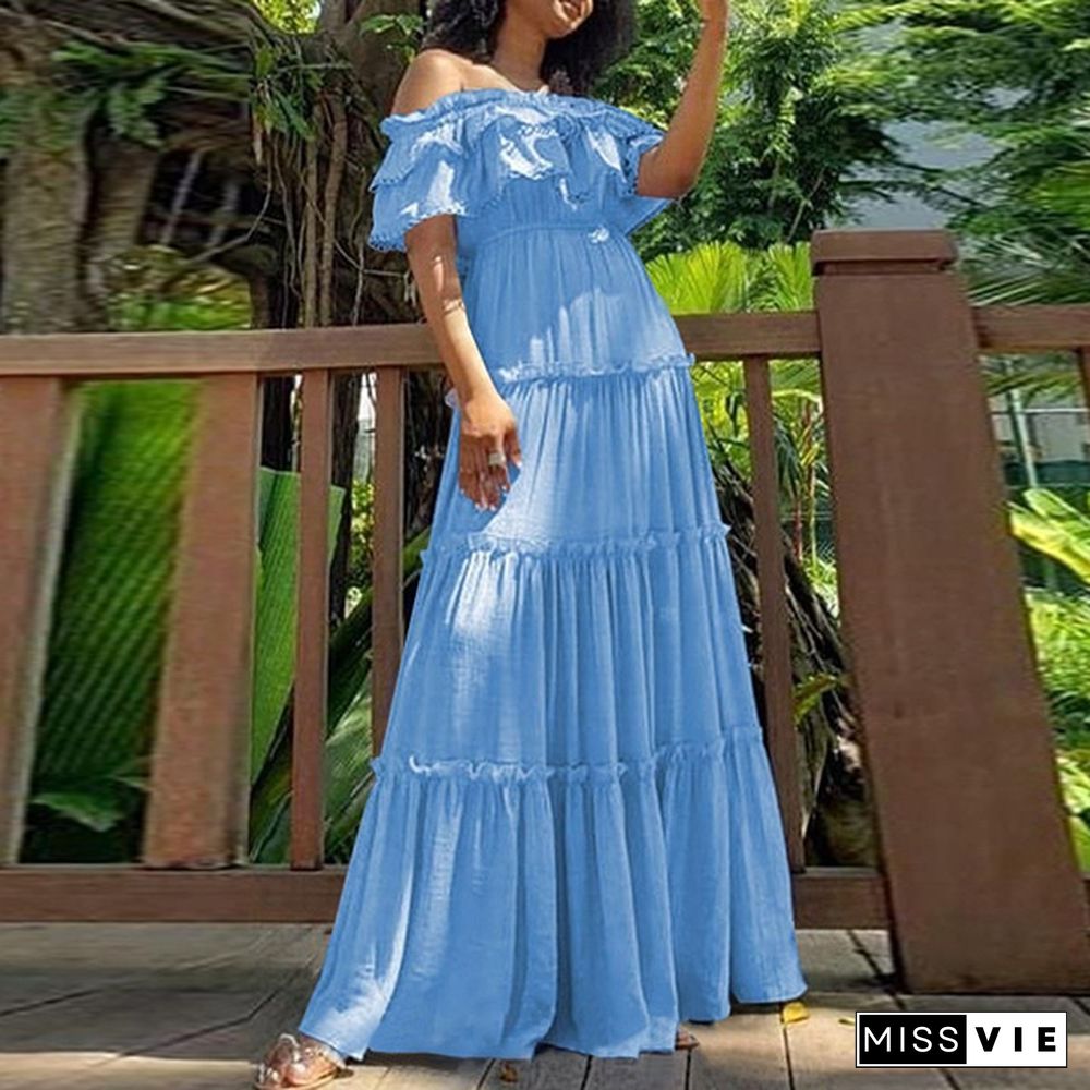 Women Off-shoulder Solid Color Casual Pleated Maxi Dress Summer Holiday Full Length Ruffle-trim Bohemian Beach Sundress Plus Size Vestidos